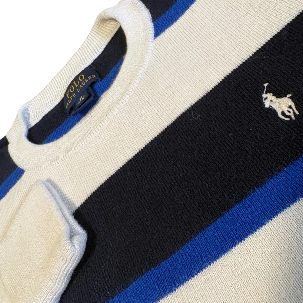 Polo Ralph Lauren Sweater Boys M (10-12) Blue White Striped Cotton Pony Logo
